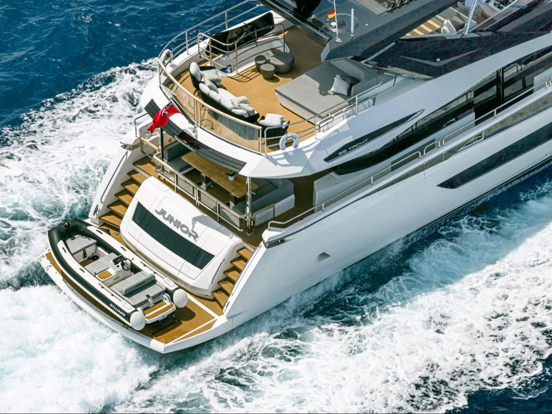 Aerial stern view of M/Y Junior Sunseeker 88 at sea — yacht charter Mediterranean
