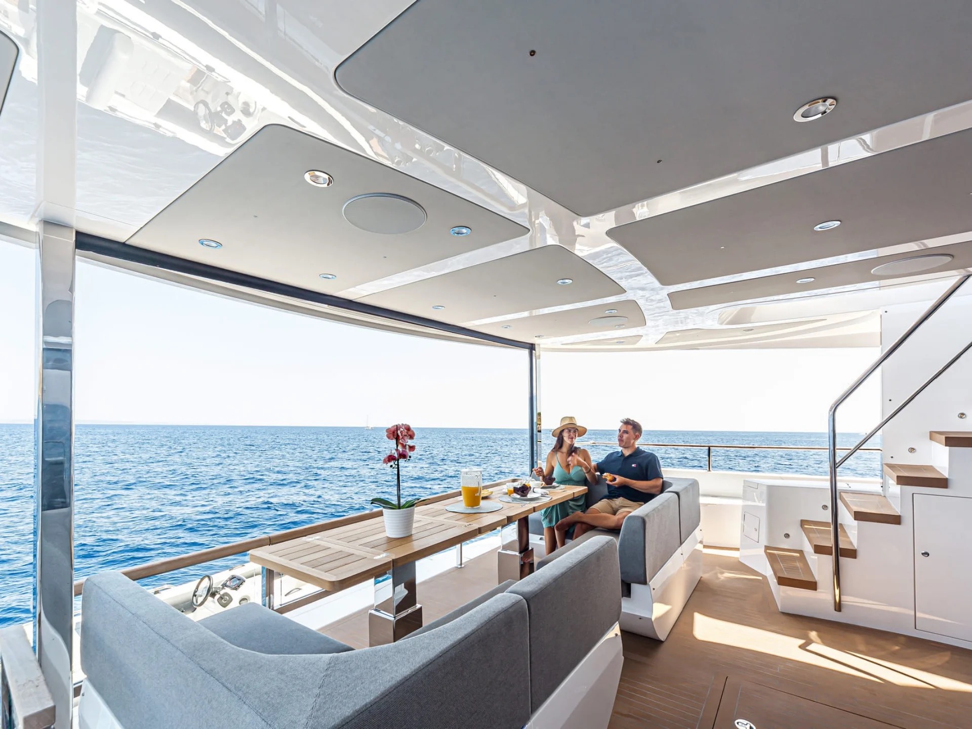 M/Y Junior Sunseeker 88 aft deck alfresco dining — luxury yacht charter Mallorca