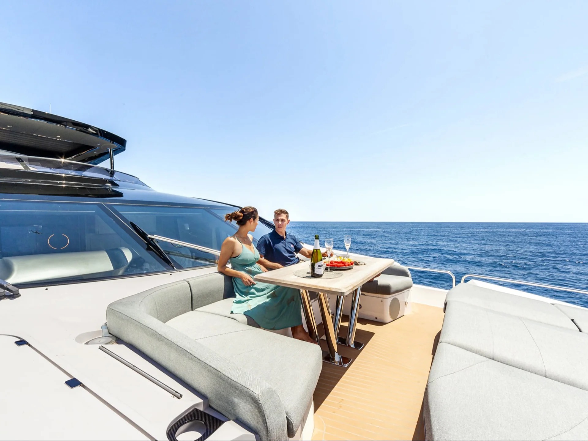 M/Y Junior Sunseeker 88 foredeck dining area — luxury yacht charter Mallorca