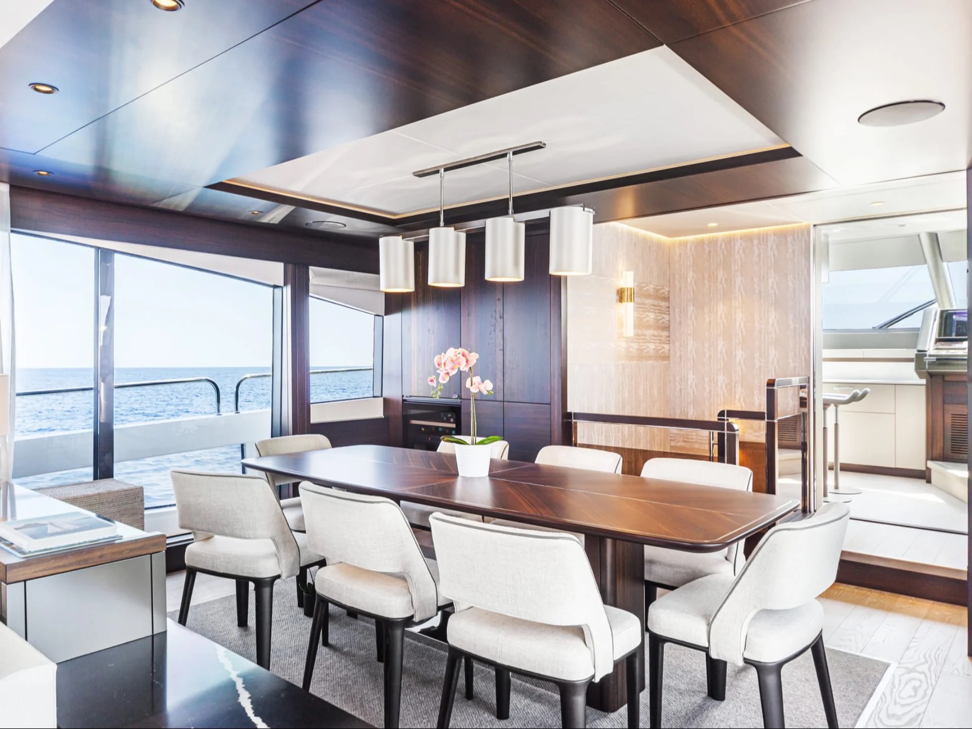 M/Y Junior Sunseeker 88 indoor dining area — luxury yacht charter Mallorca