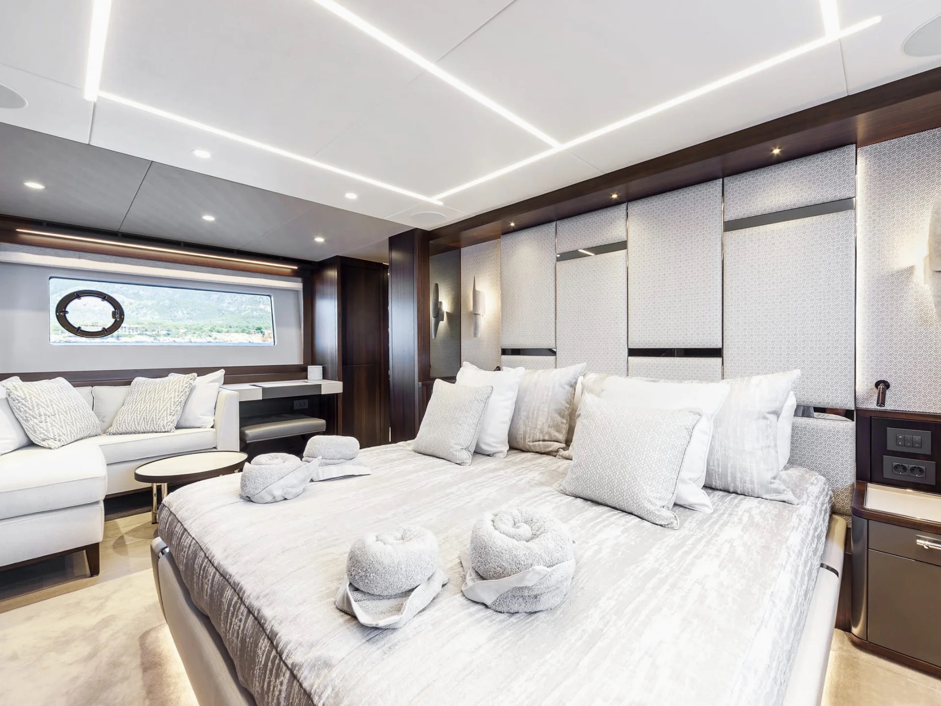 M/Y Junior Sunseeker 88 full-beam master suite — luxury yacht charter accommodation