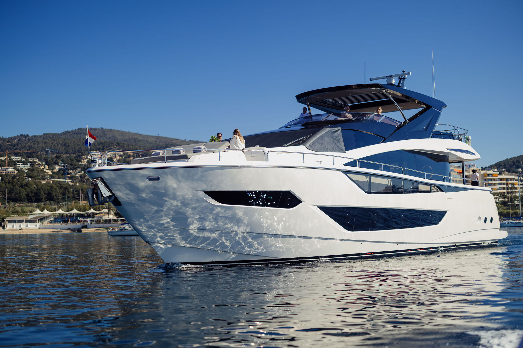 M/Y Junior Sunseeker 88 port side profile at anchor — luxury yacht charter Mallorca