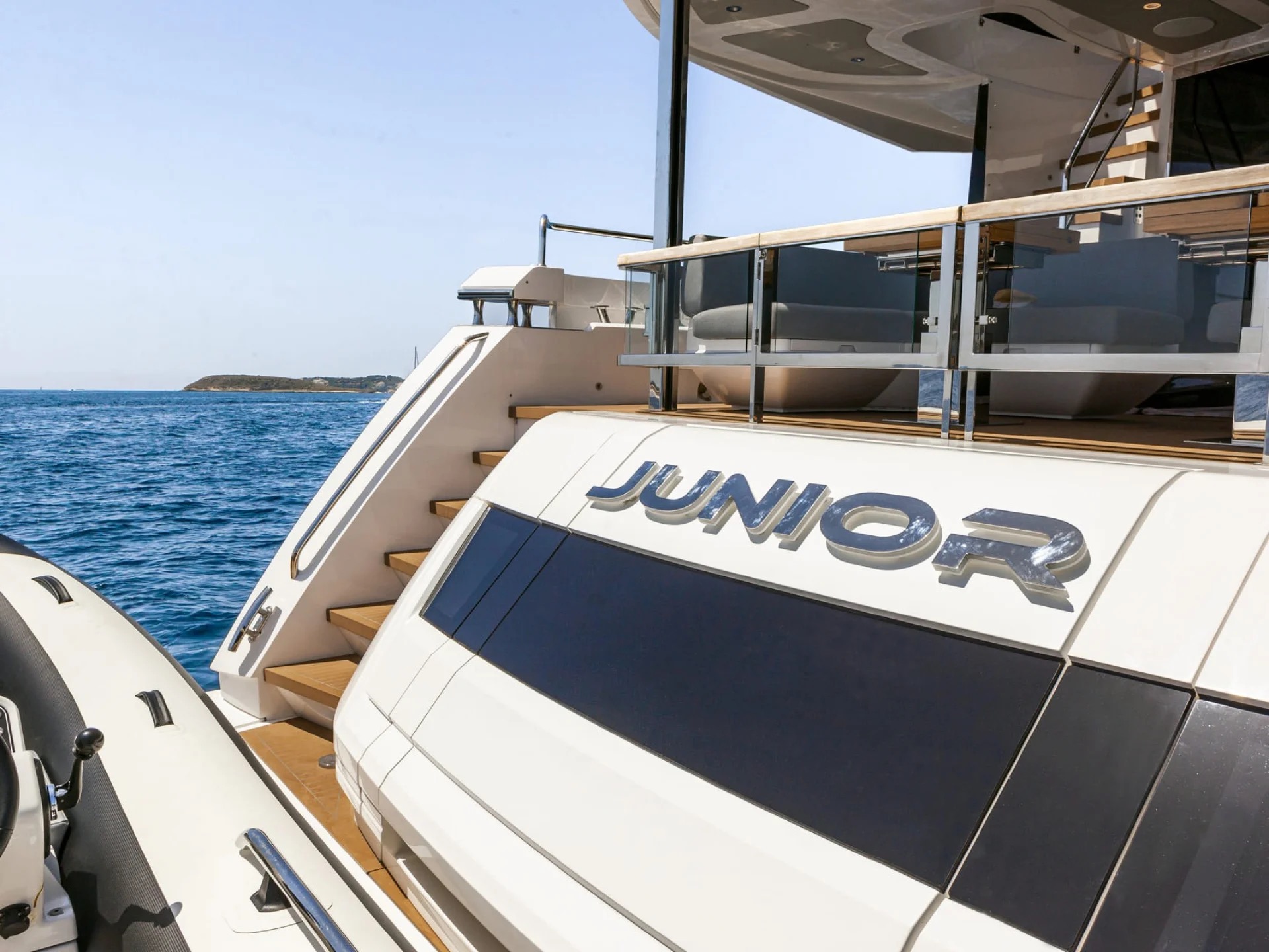 M/Y Junior Sunseeker 88 stern nameplate — luxury charter yacht Palma de Mallorca
