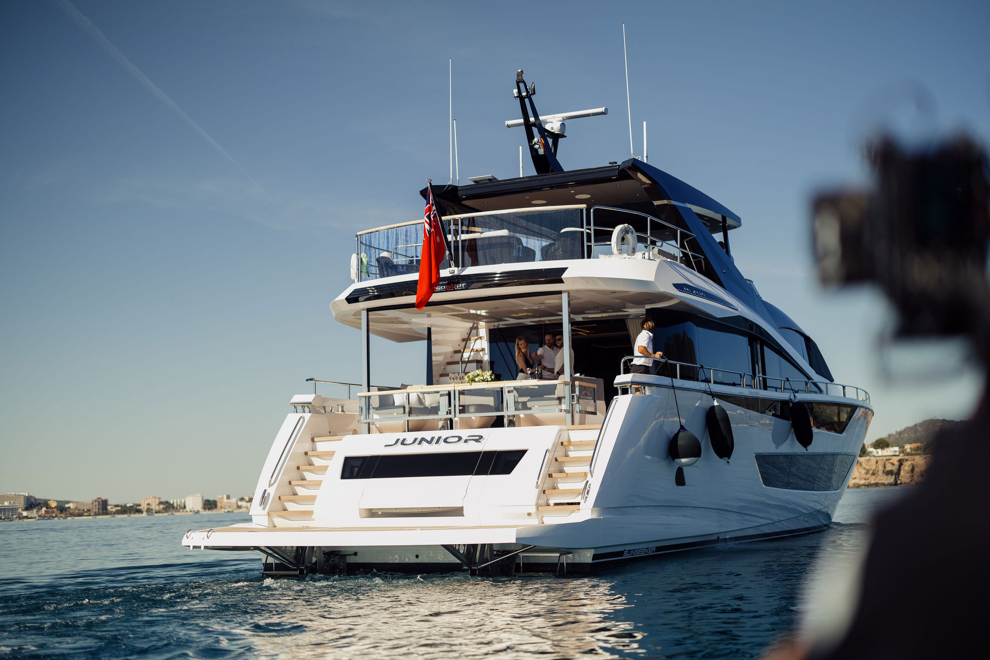 M/Y Junior Sunseeker 88 stern with swim platform — luxury yacht charter Mallorca
